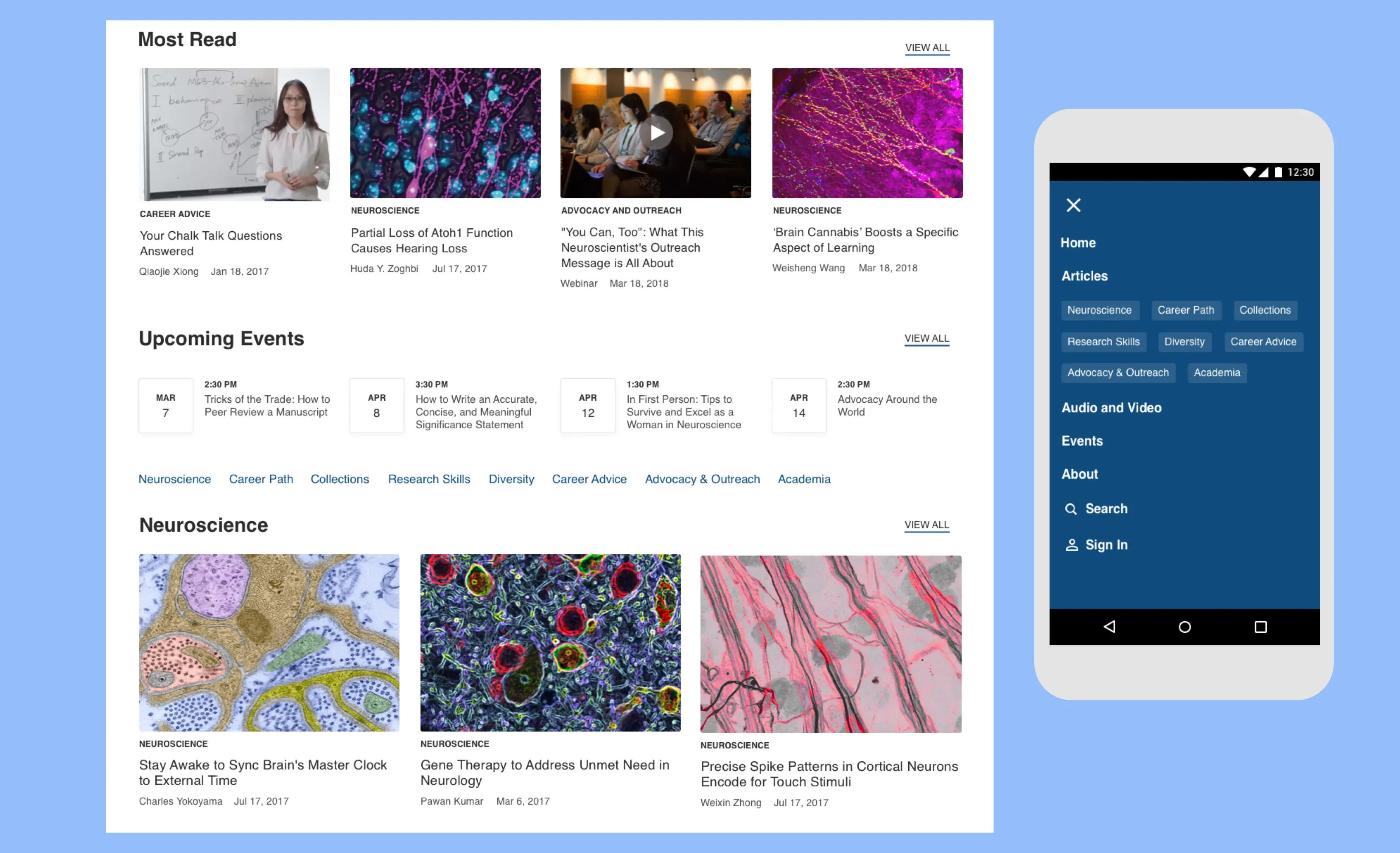 Home page with access to events and featured articles, and mobile hamburger menu interaction