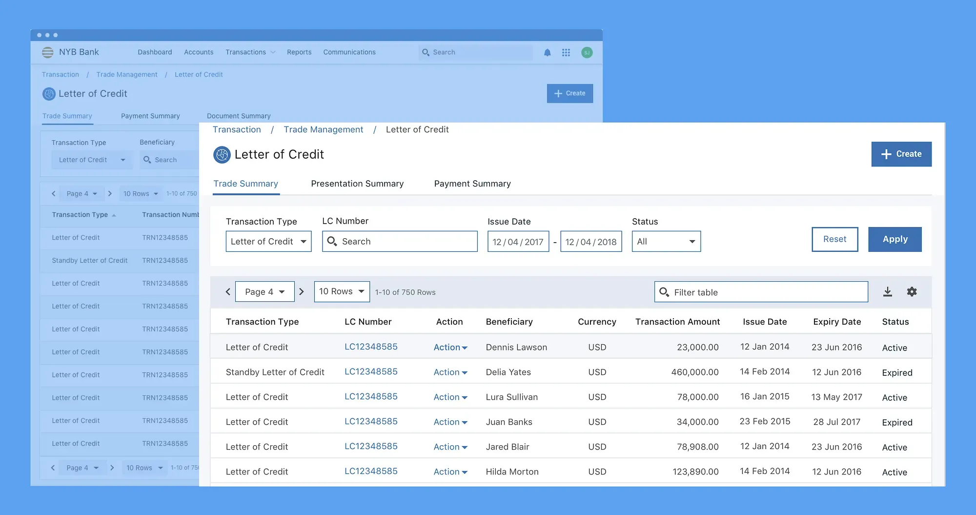Transaction summary grid