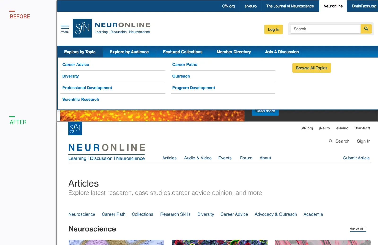 Primary menu before and after